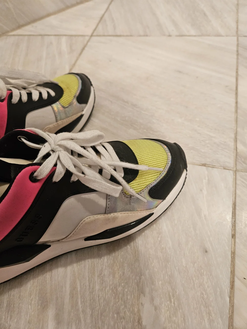 Guess..Women's Black & Neon Pink/yellpw Athletic Sneakers, Size 9.